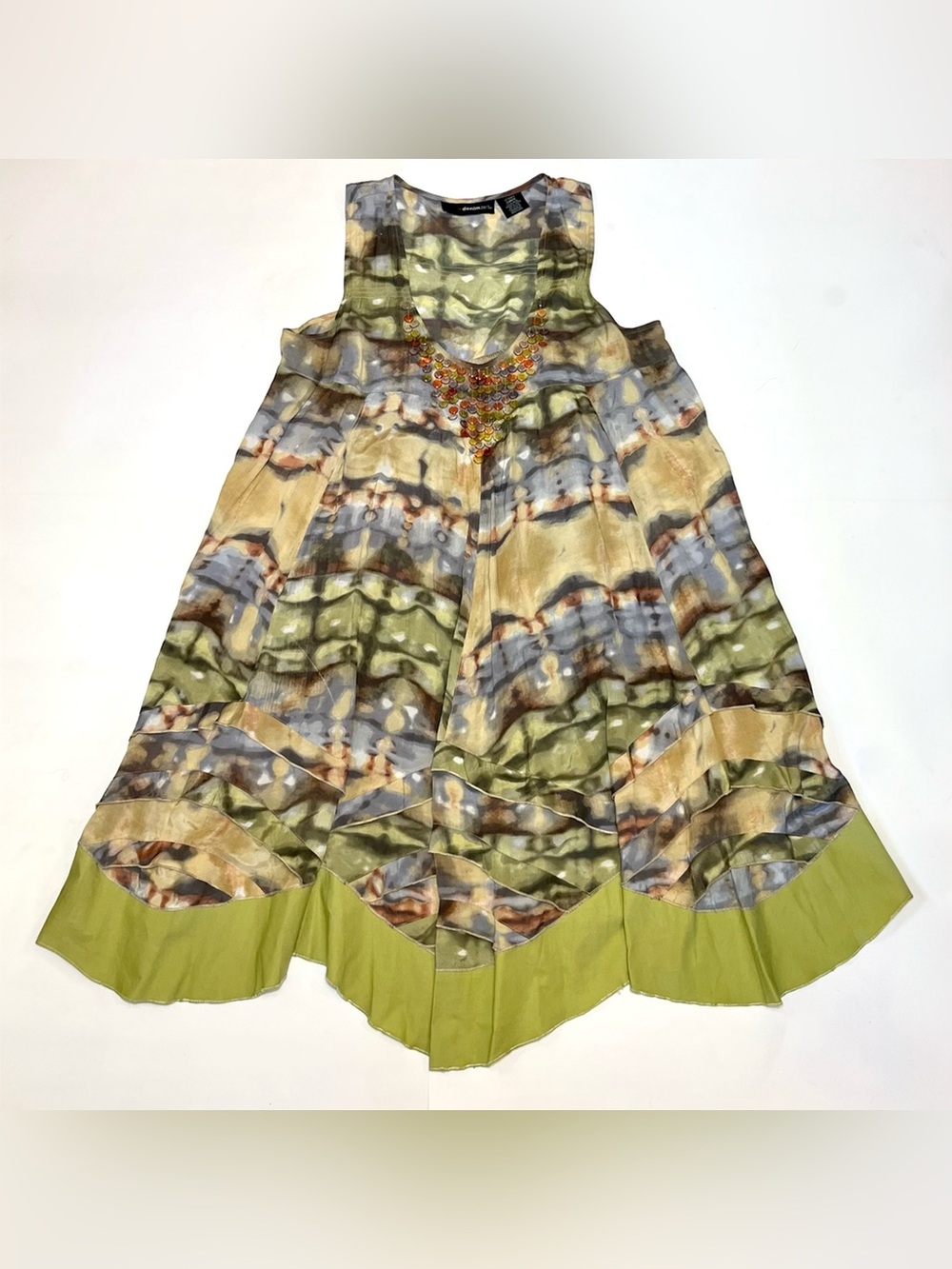 VTG Denim 24/7 Dress 18W Sunrise Green Bohemian Beaded Handkerchief Hem Y2K